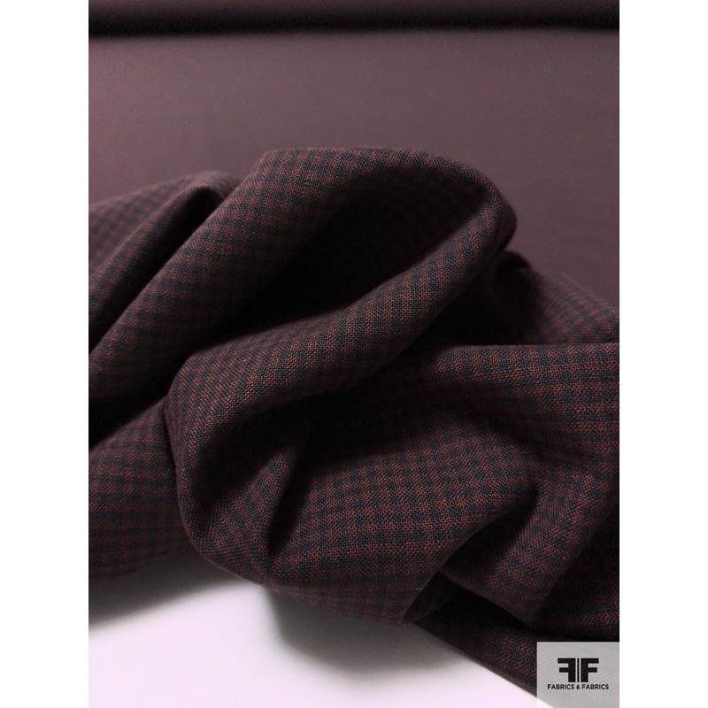 Italian Micro Gingham Check Wool Suiting – Maroon / Black Fabric by the Yard
