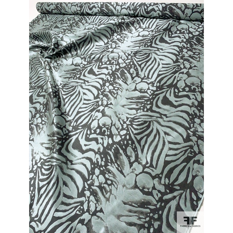 Italian Nautical Leaf Inspired Yarn-Dyed Silk and Poly Zibeline – Pale Seafoam / Dark Grey Fabric by the Yard