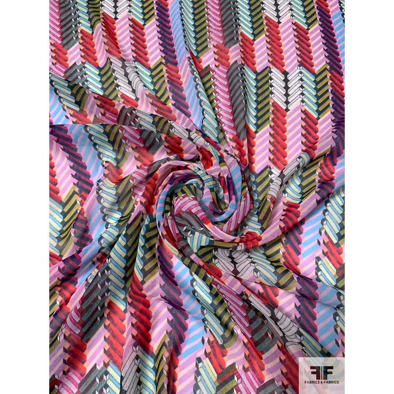 Modern Cubic Herringbone Printed Polyester Chiffon – Multicolor Fabric by the Yard