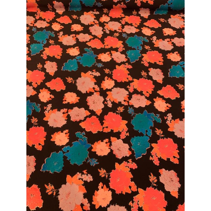 Painterly Floral Printed Silk Crepe de Chine – Coral / Teal / Lavender / Black Fabric by the Yard