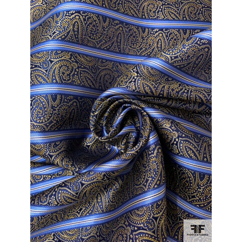 Paisley Striped Silk Necktie Jacquard Brocade – Navy / Blue / Yellow / Tan Fabric by the Yard