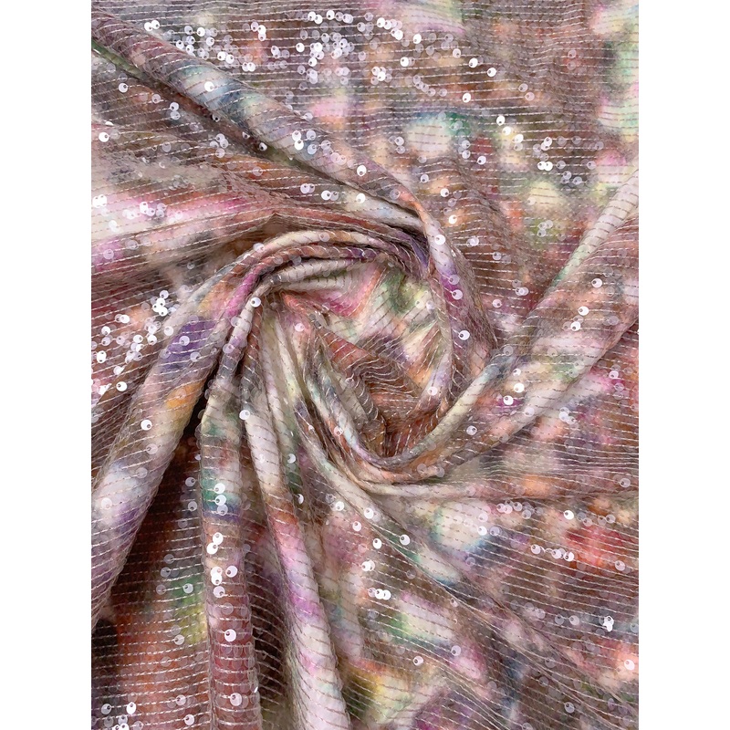 Sequins on Abstract Printed Cotton Panel – Multicolor Fabric by the Panel