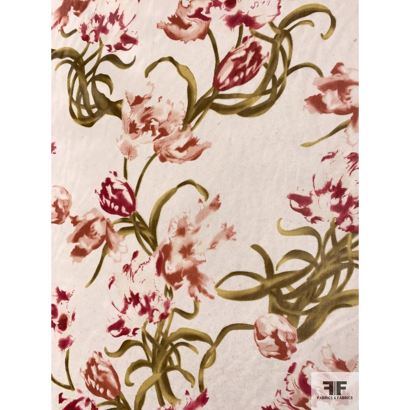 Watercolor Swaying Floral Printed Stretch Nylon Tulle – Dark Rose / Mauve / Olive / Off-White Fabric by the Yard