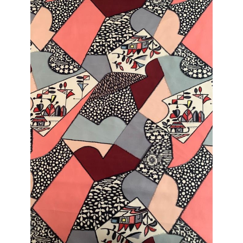 Abstract Art Collector Printed Mini Silk Twill – Coral / Maroon / Black / Grey Fabric by the Yard