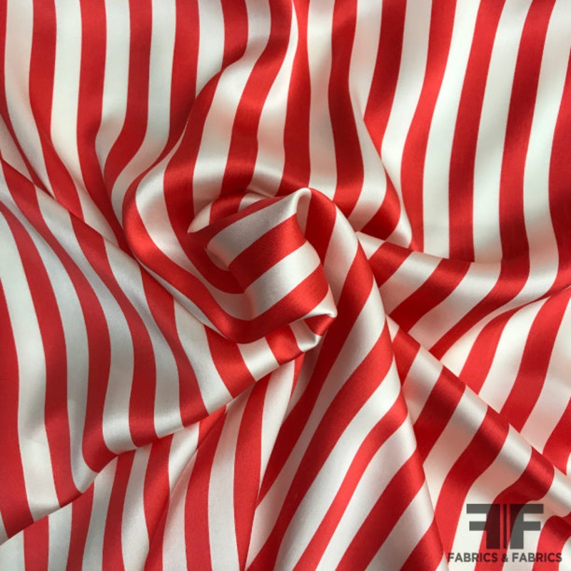 Candy Striped Silk Charmeuse Panel – Red/White Fabric by the Panel