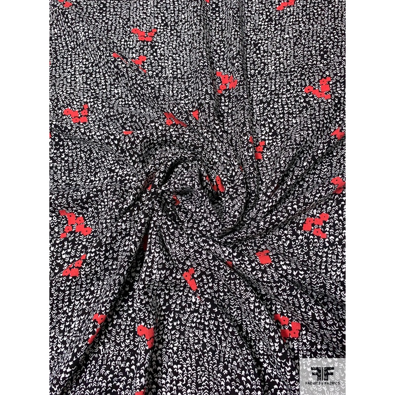 Ditsy Graphic Printed Rayon Challis – Black / Off-White / Deep Coral Fabric by the Yard