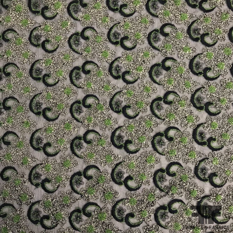 Floral Beaded Tulle with Scalloped Edge – Green/Black/White Fabric by the Yard