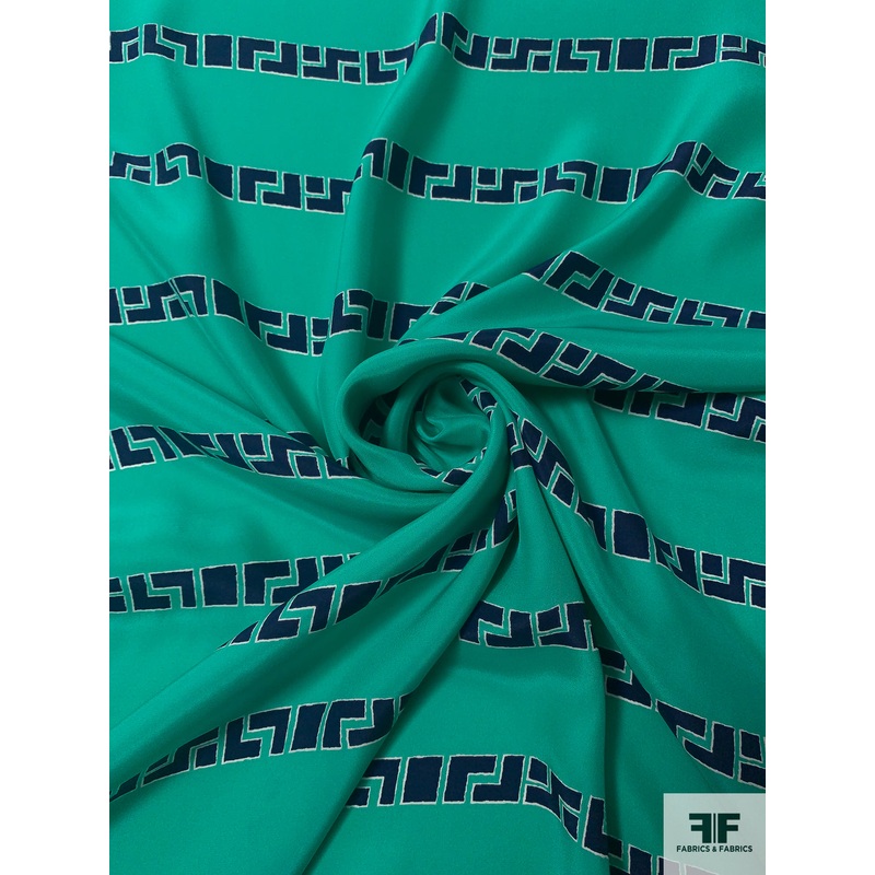 Hieroglyphic Geometric Matte-Side Printed Silk Charmeuse Panel – Ocean Green / Navy / White Fabric by the Panel