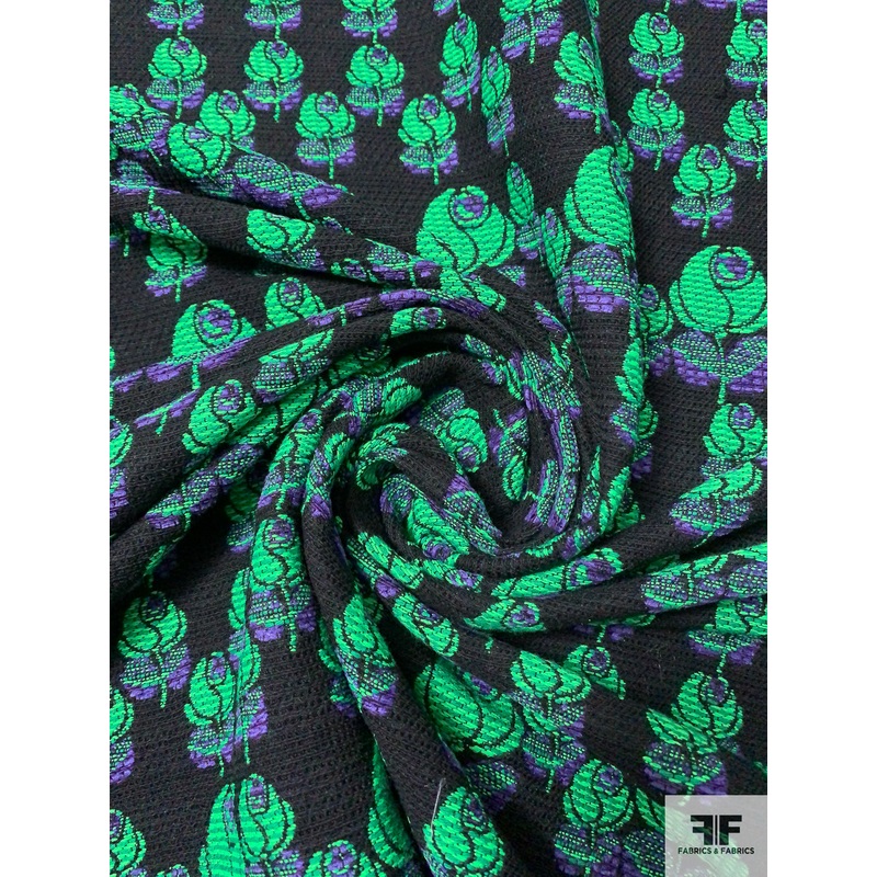 Italian Famous NYC Designer Rosette Pattern Jacket Weight Tweed – Green / Purple / Black Fabric by the Yard