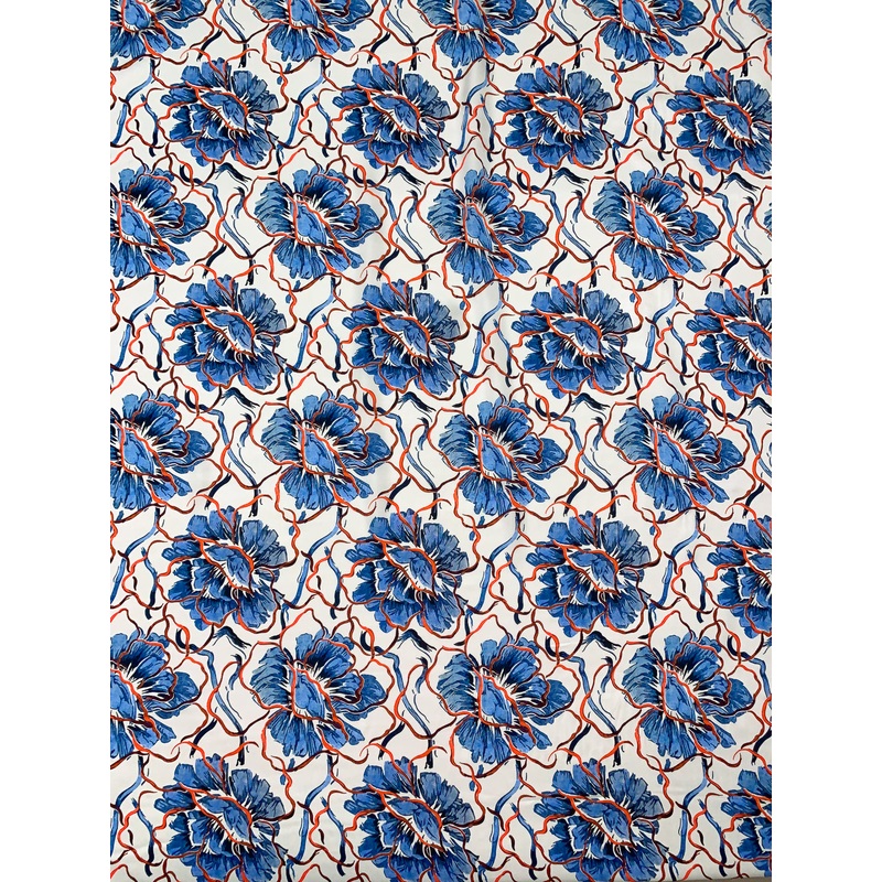 Italian Floral Tentacles Printed Fine Heavy Silk Habotai – Blue / Orange / Off-White Fabric by the Yard