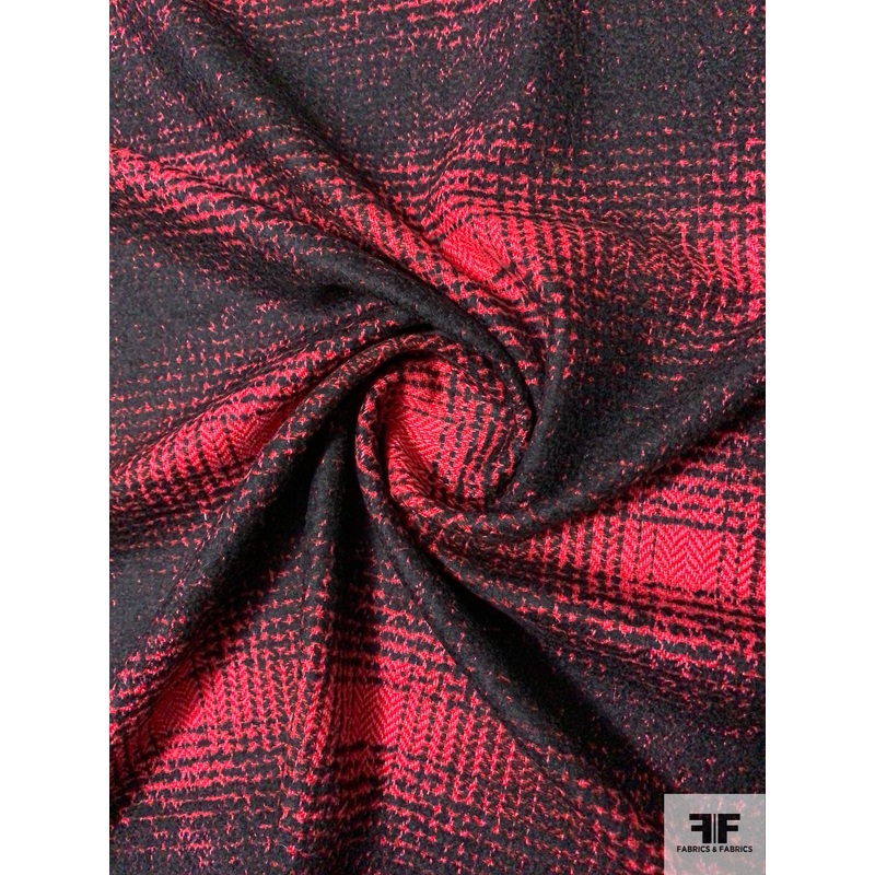 Italian Largescale Plaid Virgin Wool Blend Jacket Weight – Black / Cranberry Red Fabric by the Yard
