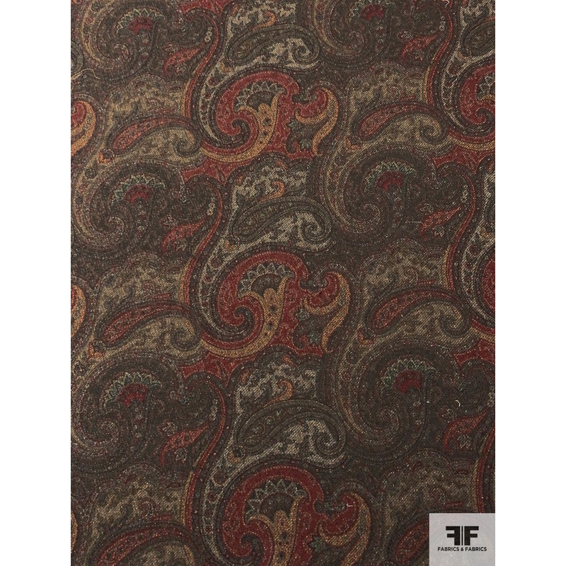 Italian Vintage Ralph Lauren Paisley Printed Tweed with Lurex Fibers – Olive Brown / Brick Red / Dusty Orange Fabric by the Yard