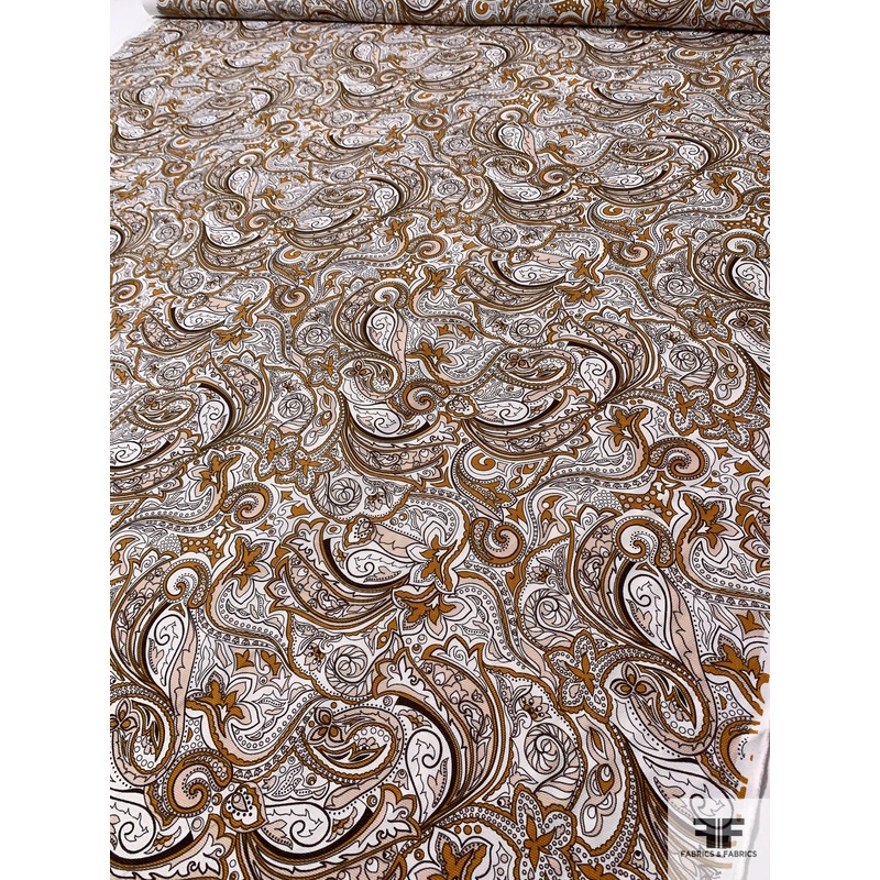 Paisley Floral Printed Cotton Canvas Pique – Turmeric / Brown / Nude / White Fabric by the Yard