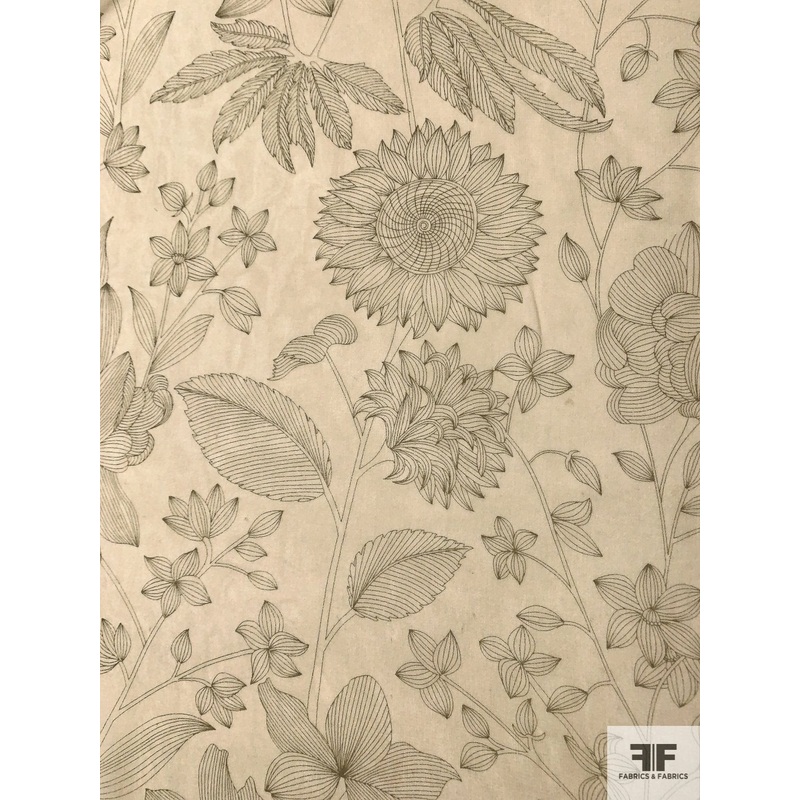 Sunflower and Floral Printed Silk Chiffon – Beige / Olive Green Fabric by the Yard