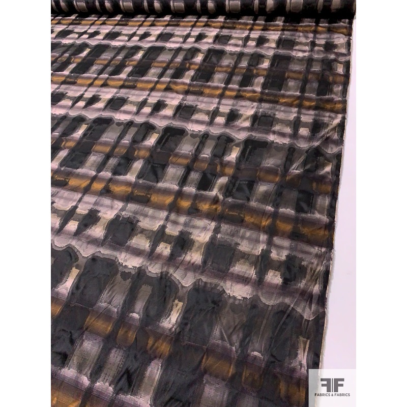 Abstract Plaid Lightweight Jacquard Brocade – Black / Grey / Rusty Turmeric / Champagne Fabric by the Yard