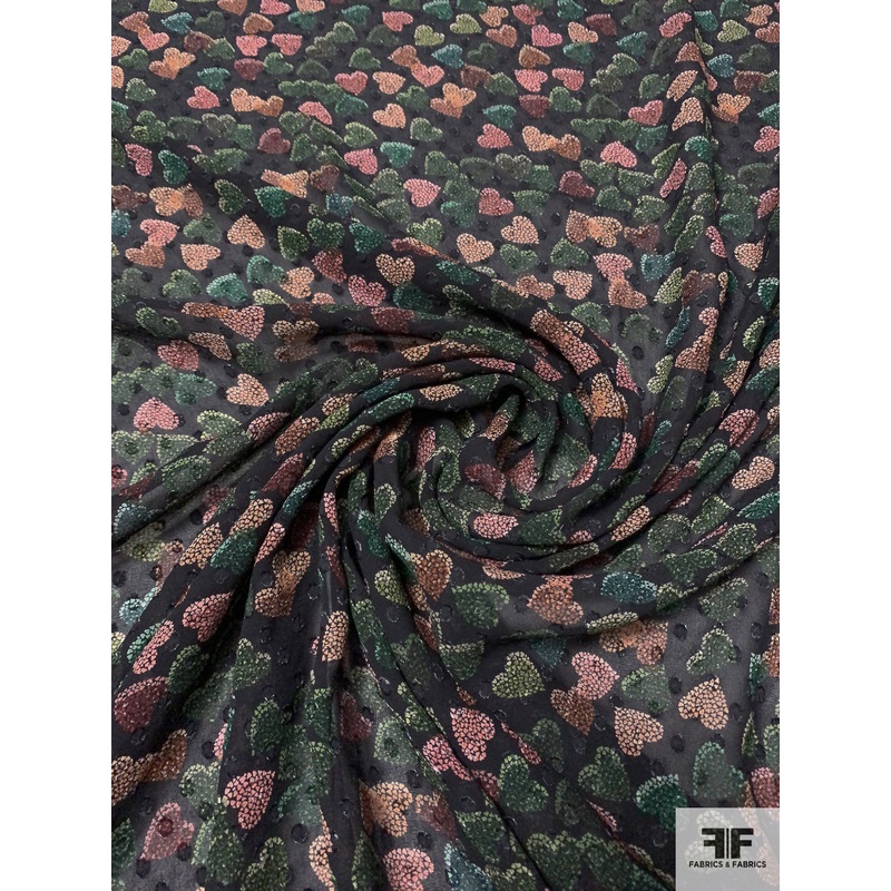 Hearts Printed Clip Rayon Chiffon – Midnight Navy / Dusty Peach / Greens Fabric by the Yard