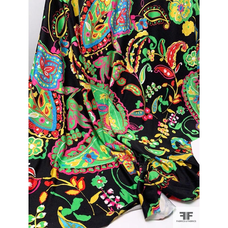 Italian Bold Paisley Vines Printed Silk Jersey Knit – Green / Yellow / Hot Pink / Black Fabric by the Yard