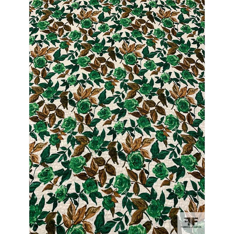 Italian Floral Printed Brocade – Greens / Browns / Ivory Fabric by the Yard