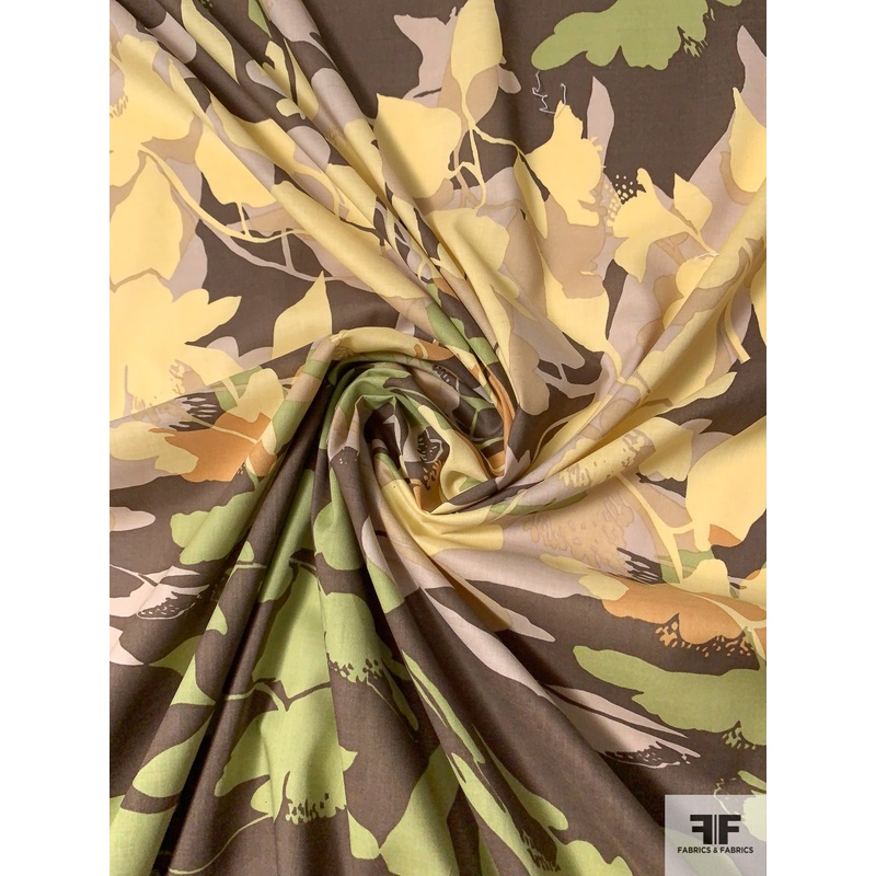 Leaf Harvest Silhouette Printed Cotton Batiste – Muted Butter / Taupe / Green / Brown Fabric by the Yard