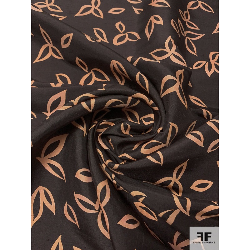 Leaf Petals Printed Silk Shantung – Brown / Light Peach Fabric by the Yard
