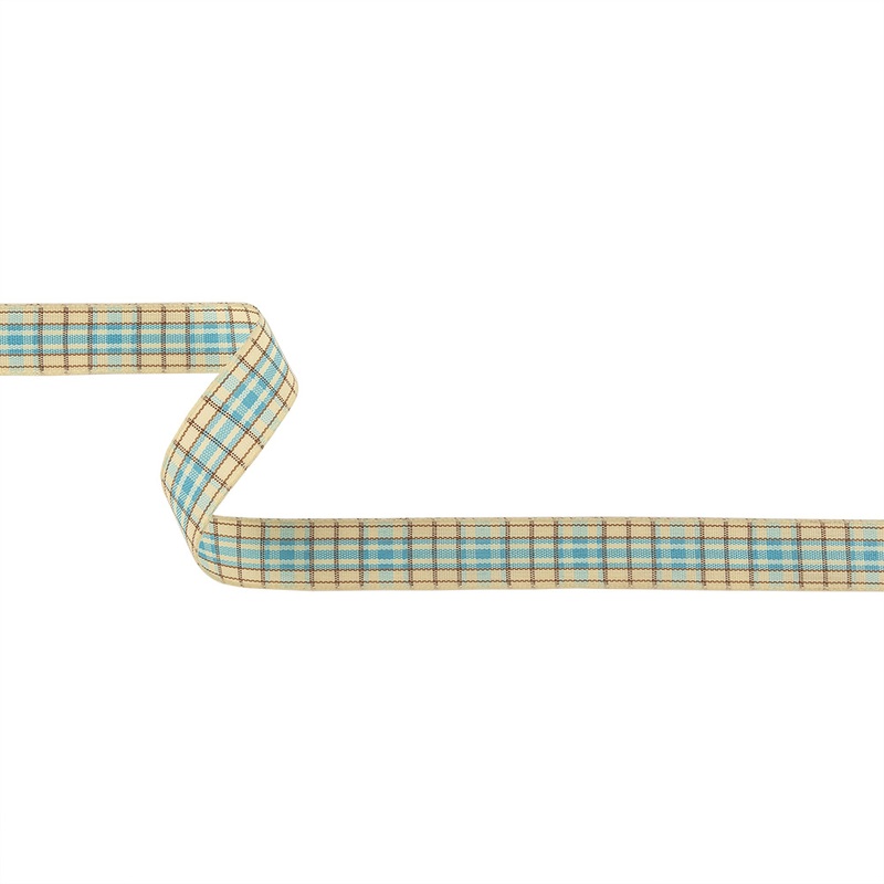 Sky Blue, Brown and Vanilla Ice Plaid Woven Ribbon – 0.625″