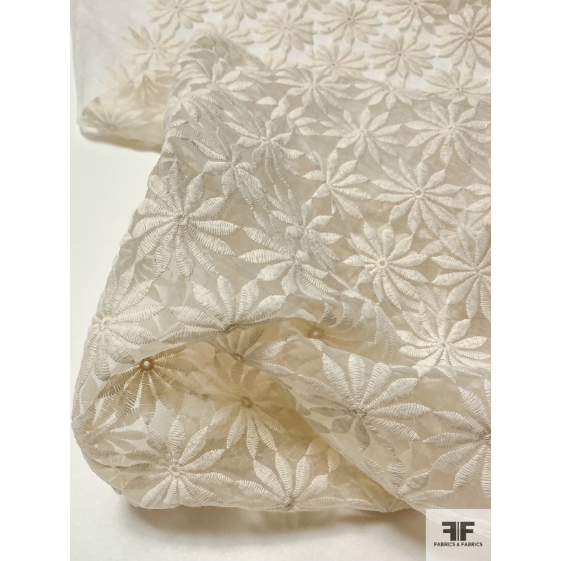 Sunflower Embroidered Polyester Organza – Ivory / White Fabric by the Yard