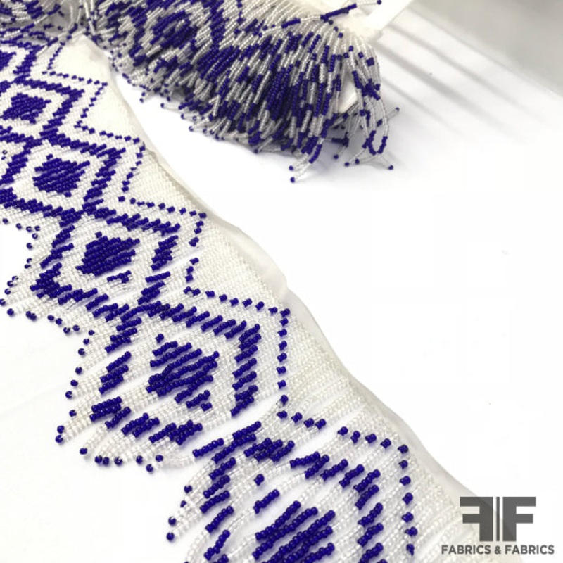 Beaded Geometric Fringe Trim – Blue/White Fabric by the Yard
