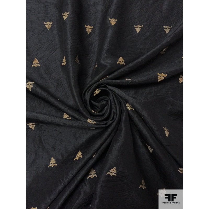 Fleur-de-Lis Embroidered Crushed Polyester Habotai – Black / Beige Fabric by the Yard
