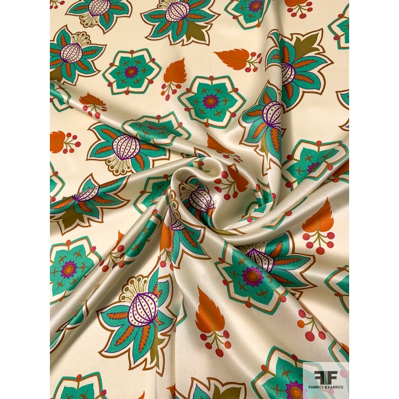 Graphic Leaf Floral Printed Silk Charmeuse – Turquoise / Ivory / Orange / Purple Fabric by the Yard