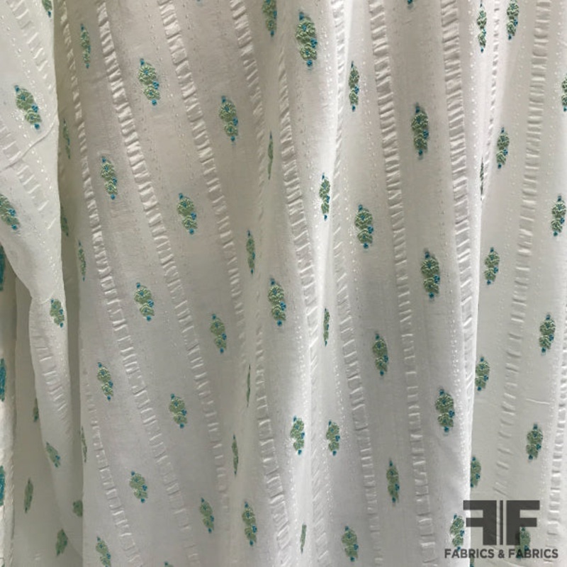 Italian Floral Silk Pliss – Off White/Green/Blue Fabric by the Yard