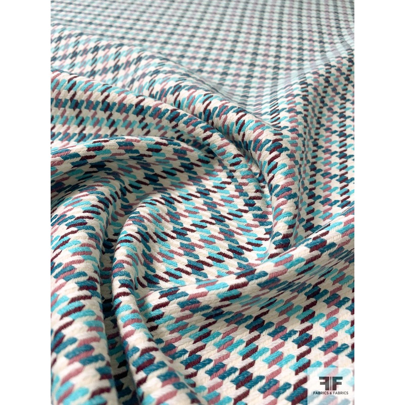 Italian Summery Houndstooth Yarn-Dyed Cotton Suiting – Turquoise / Teal / Dusty Rose / Maroon / Off-White Fabric by the Yard