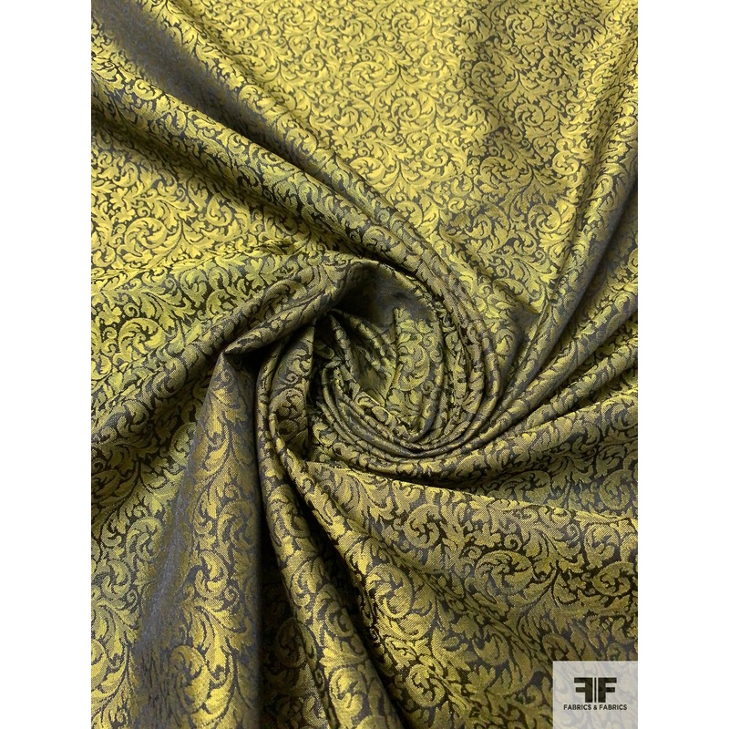 Ornate Paisley Leaf Brocade – Chartreuse / Black Fabric by the Yard