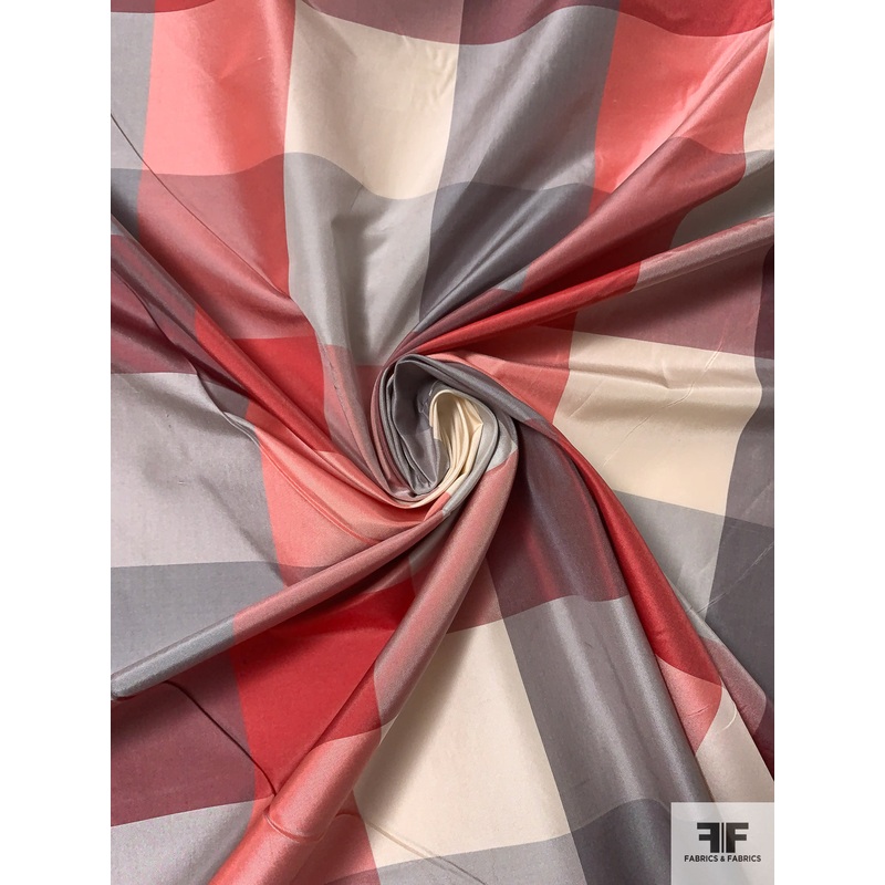 Plaid Yarn-Dyed Silk Taffeta – Strawberry Red / Coral / Grey / Ivory Fabric by the Yard