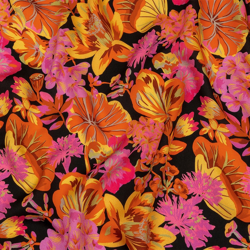 Rayon Challis – Black, Pink and Yellow Floral – Tangerine Dreams Print – Mood Exclusive Citrus Collection