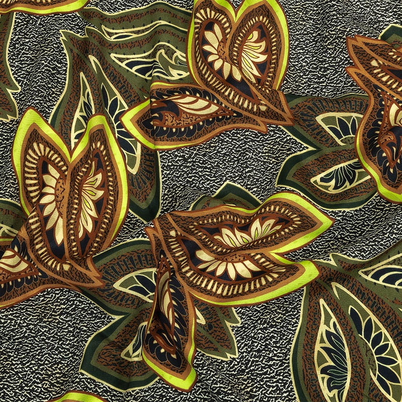 Viscose Crepe Print – Black, Green and Orange Textural Floral – Mood Exclusive Chalkboard Chic