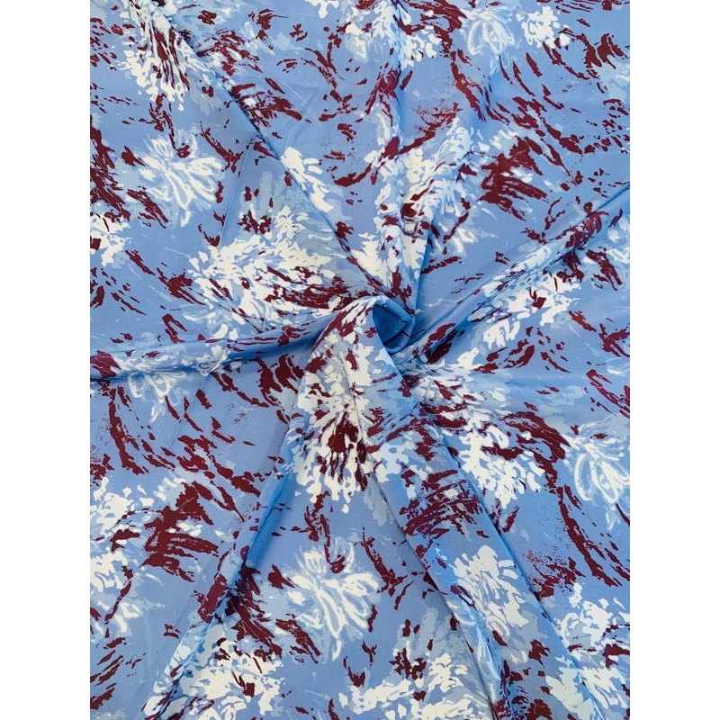 Abstract Painterly Blotchy Printed Silk Crepe de Chine – Periwinkle / Maroon / White Fabric by the Yard