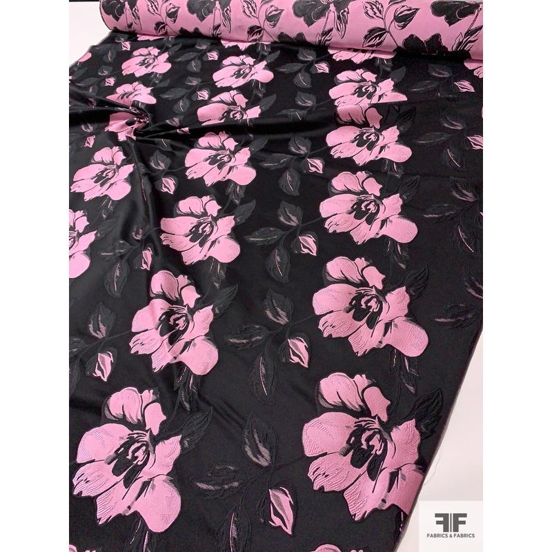 Beautiful Floral Reversible Brocade with Satin Finish – Pink / Black Fabric by the Yard
