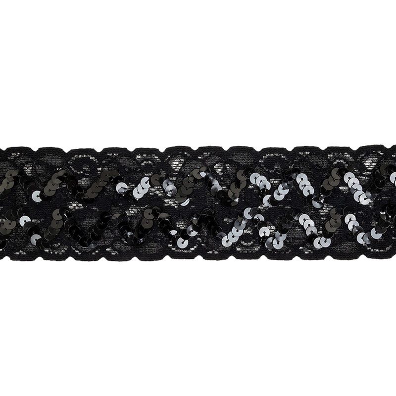 Black Sequined Zig Zags on Classical Lace Trim – 2.375″