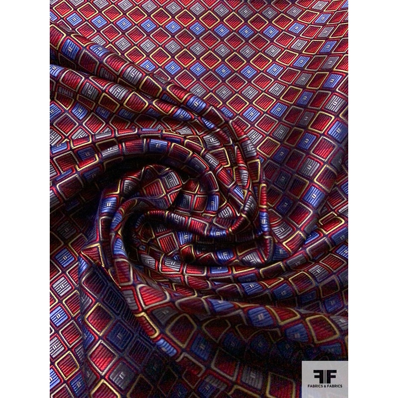 Diamond Squares Silk Necktie Jacquard Brocade – Maroon / Red / Periwinkle / Grey Fabric by the Yard