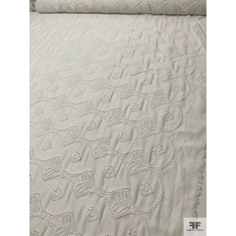 Embroidered Polyester Voile with Lace Detailing – Off-White Fabric by the Yard