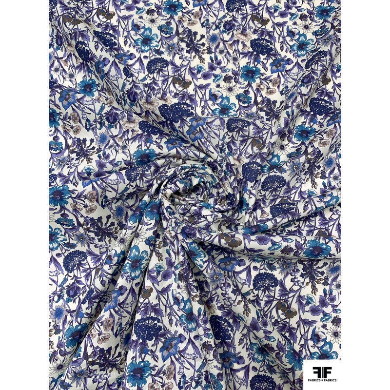 Floral Printed Fine Cotton Lawn – Purples / Blue / Teal Blue / Off-White Fabric by the Yard