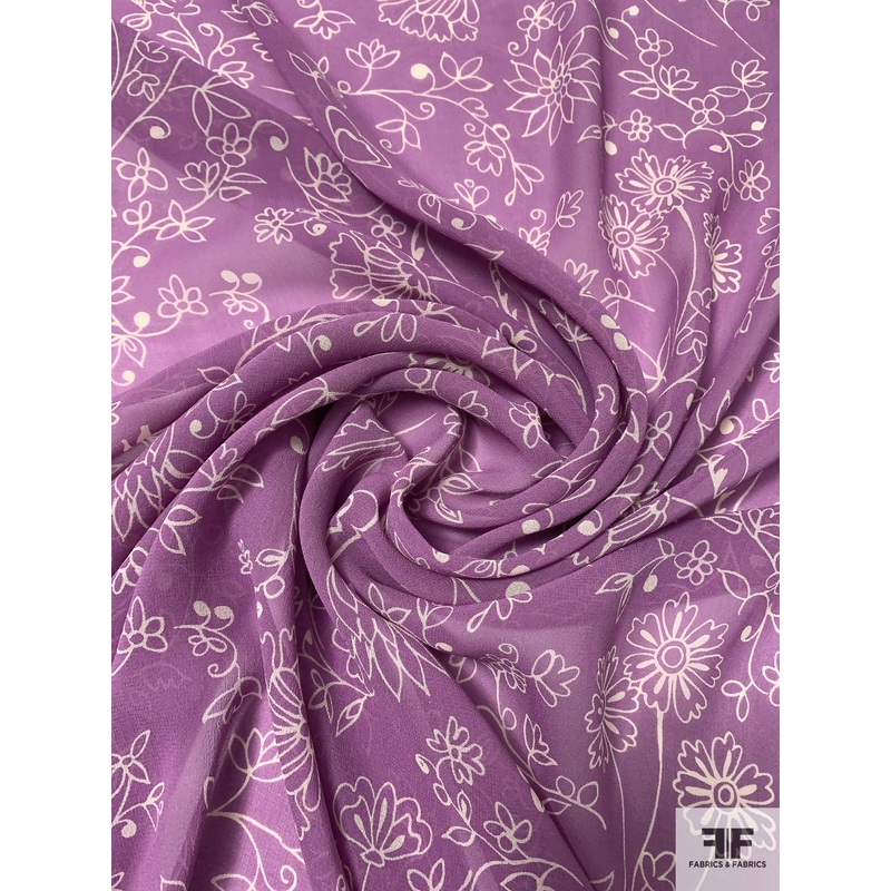 Floral Stencil Printed Silk Chiffon – Purpureus / Off-White Fabric by the Yard