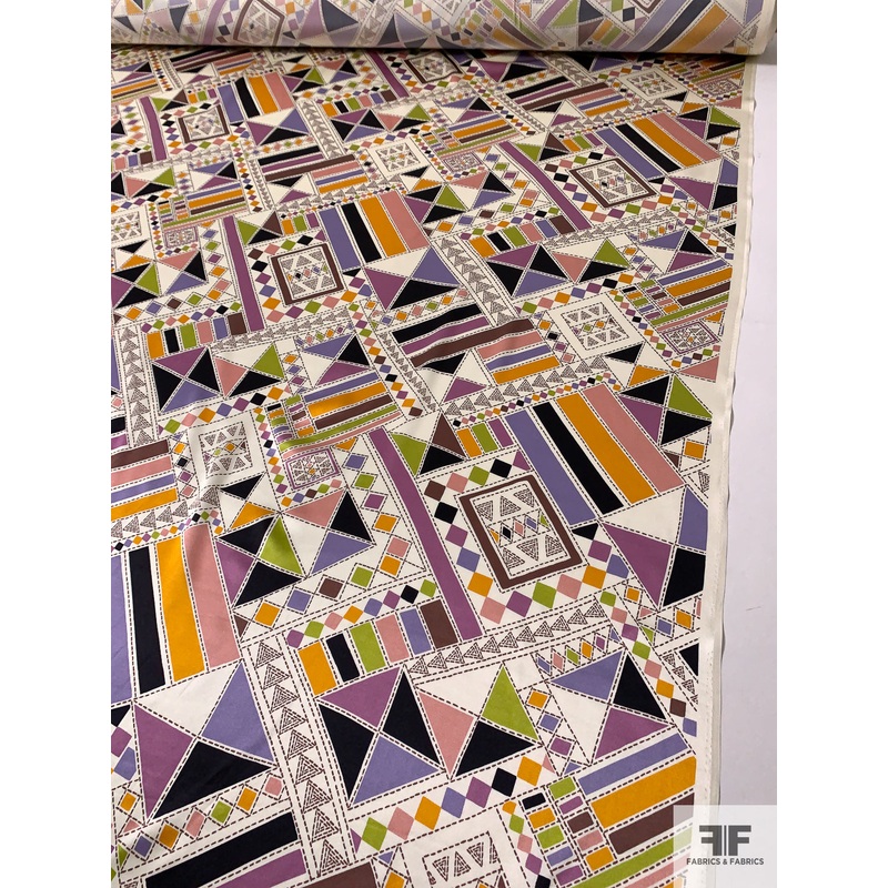 Geometric Hieroglyphic Printed Silk Charmeuse – Multicolor Fabric by the Yard