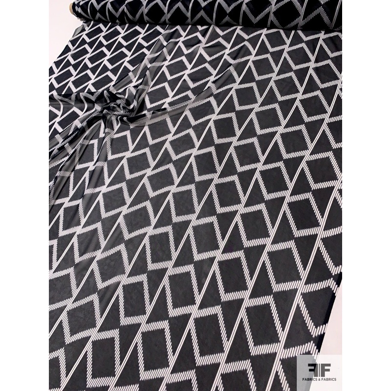 Geometric Lanes Printed Silk Chiffon – Black / White Fabric by the Yard