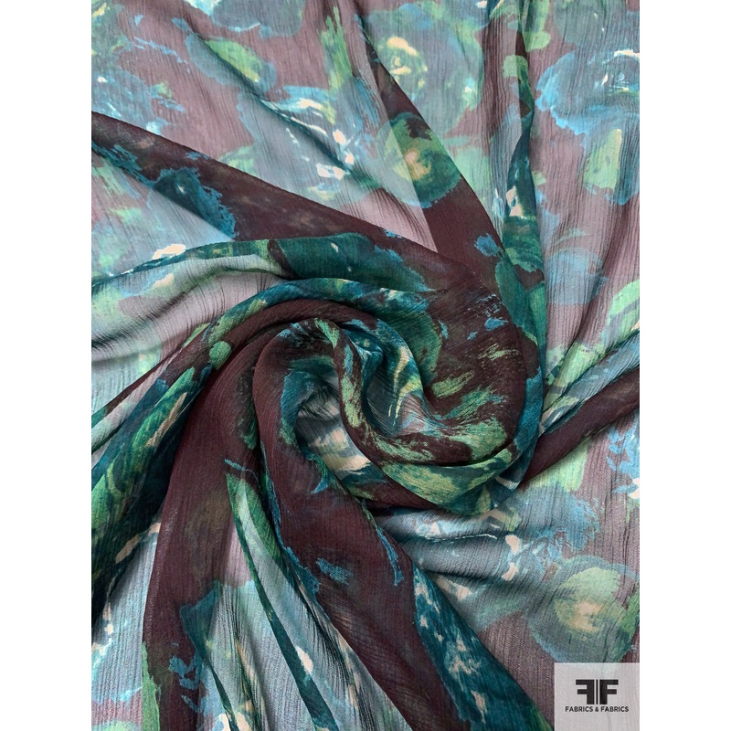 Hazy Floral Printed Crinkled Silk Chiffon – Greens / Brown Fabric by the Yard