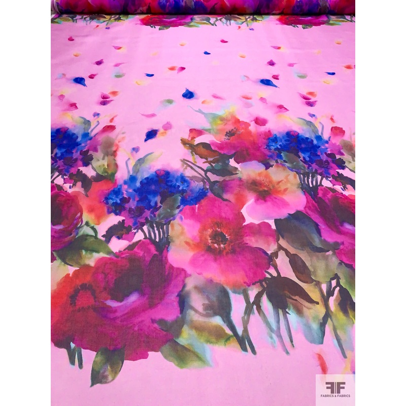 Italian Floral Printed Fine Silk Organza Panel – Pink / Fuchsia / Indigo / Forest Greens Fabric by the Panel