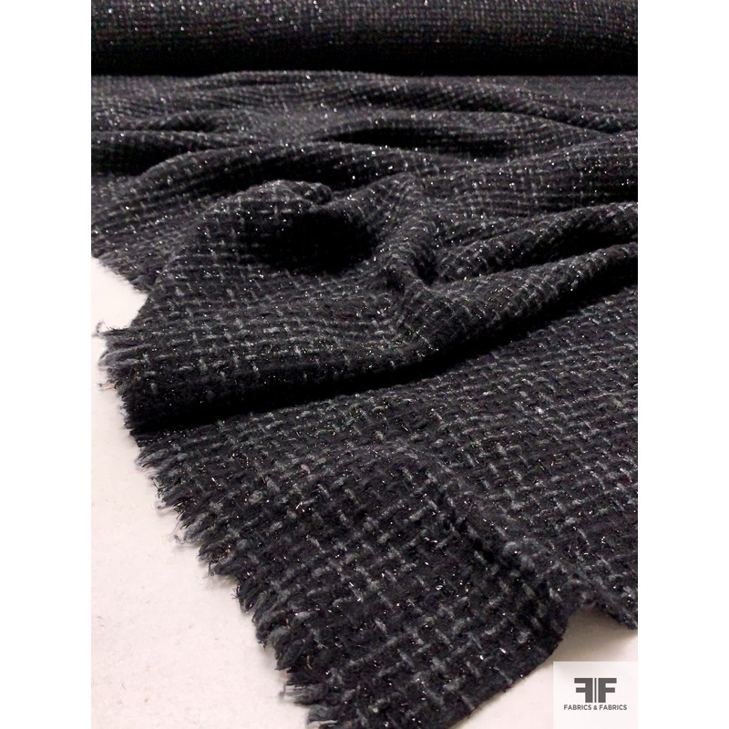 Italian Glam Couture Textured Wool Tweed with Lurex Fibers – Black / Steel Grey Fabric by the Yard