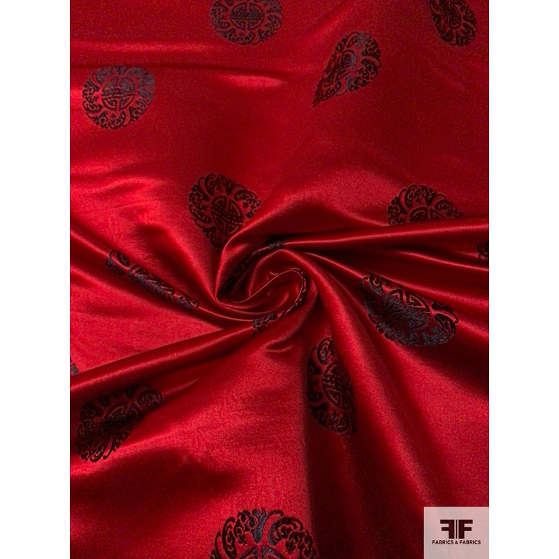 Medallion Pattern Oriental Satin Jacquard Brocade – Red / Black Fabric by the Yard