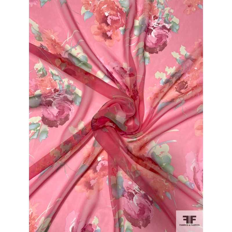 Painterly Summer Floral Printed Silk Chiffon – Pinks / Green / Blue / Yellow Fabric by the Yard