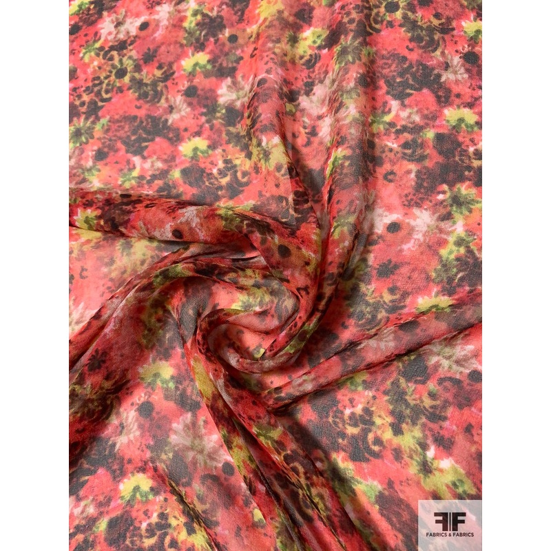 Watercolor Floral Field Printed Silk Chiffon – Coral / Lime Green / Browns Fabric by the Yard
